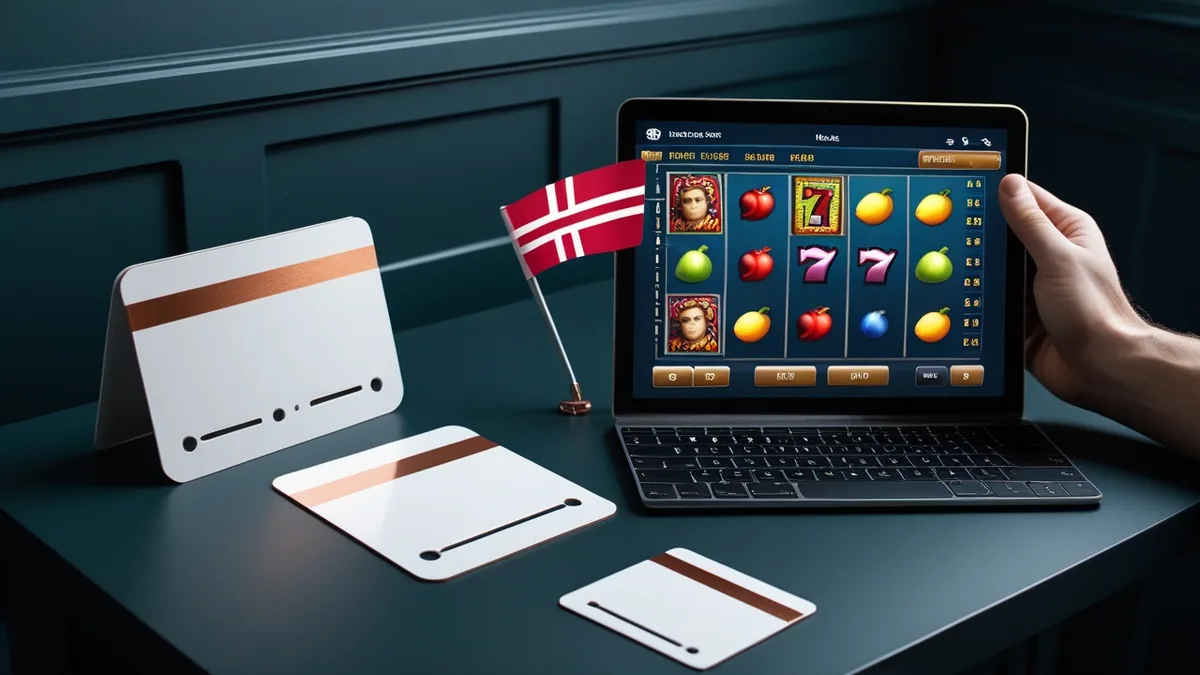 En bærbar computer med en spilleautomat, et dansk flag og hvide adgangskort på bordet