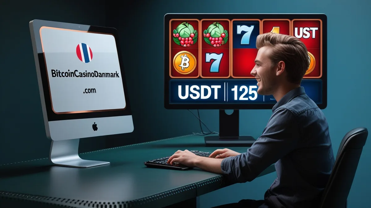 En mand spiller en klassisk online spilleautomat på en skærm og vinder i USDT