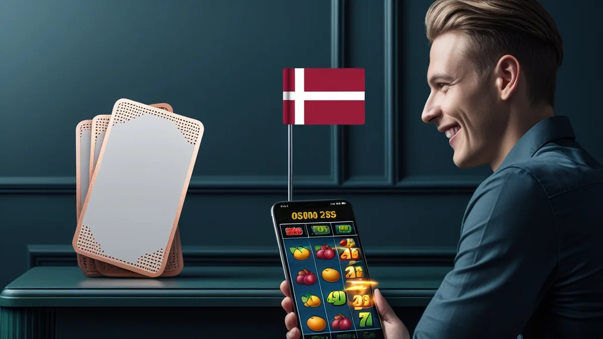 En ung mand spiller en online spilleautomat på en smartphone ved et bord med dansk flag