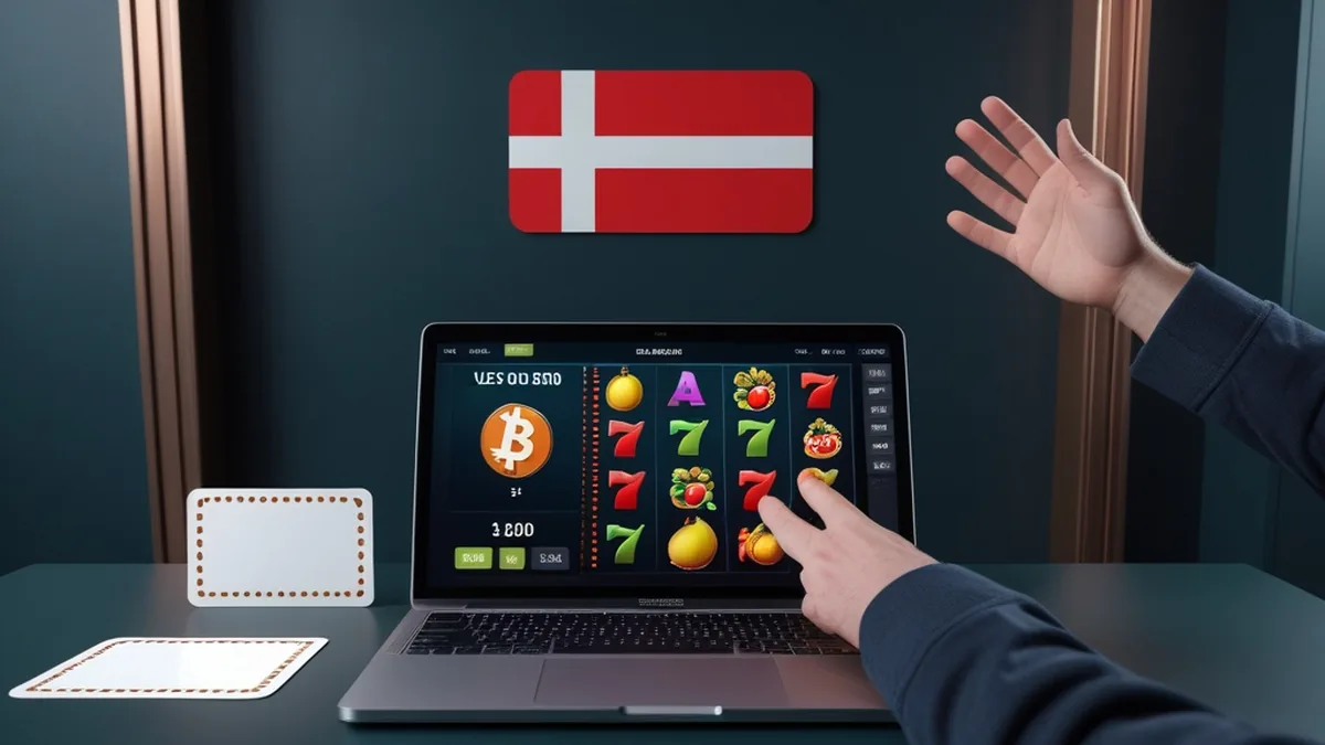 En spiller løfter hænderne over en bærbar computer med en vindende spilleautomat